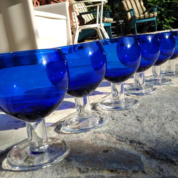 Set of 6 Vintage Crate & Barrel Cobalt Blue Thick Clear Stemmed "Deena" Wine Gla - Picture 9 of 11